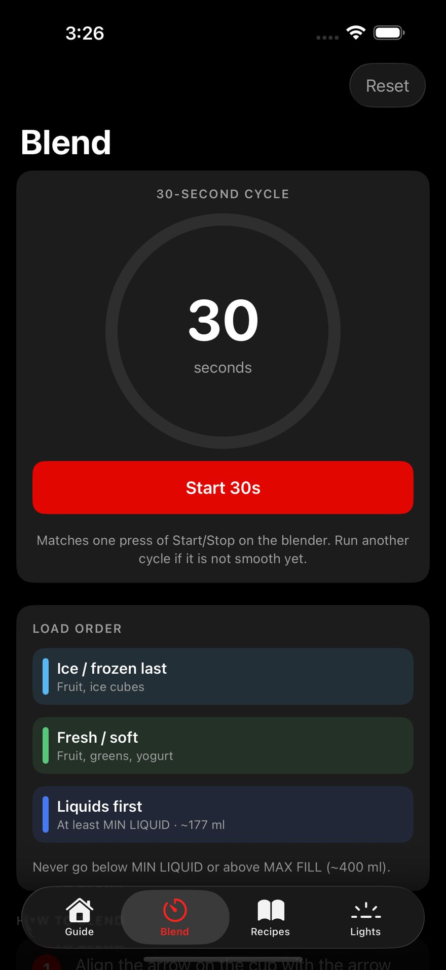 Blend tab with the 30-second cycle timer, Start 30s button and load order