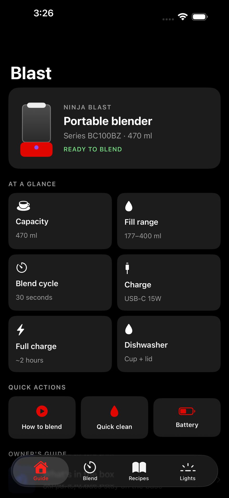 Guide tab with the device card, spec tiles and quick actions